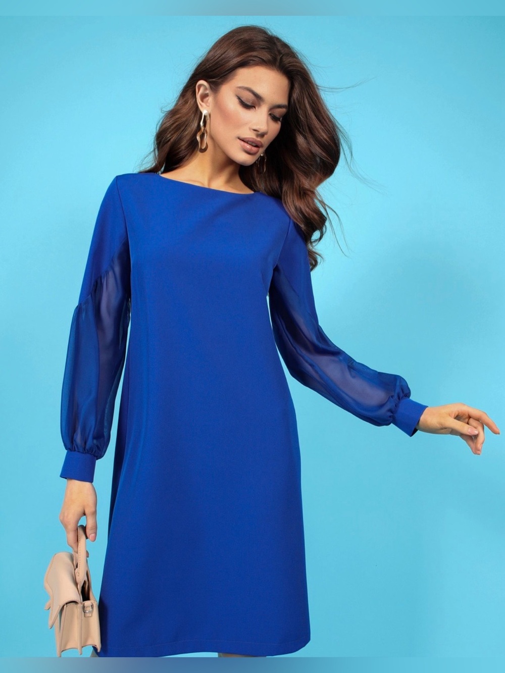 St. Sweet RM  Women Shift Dress Large Blue Sheer Long Sleeve Night Out Formal